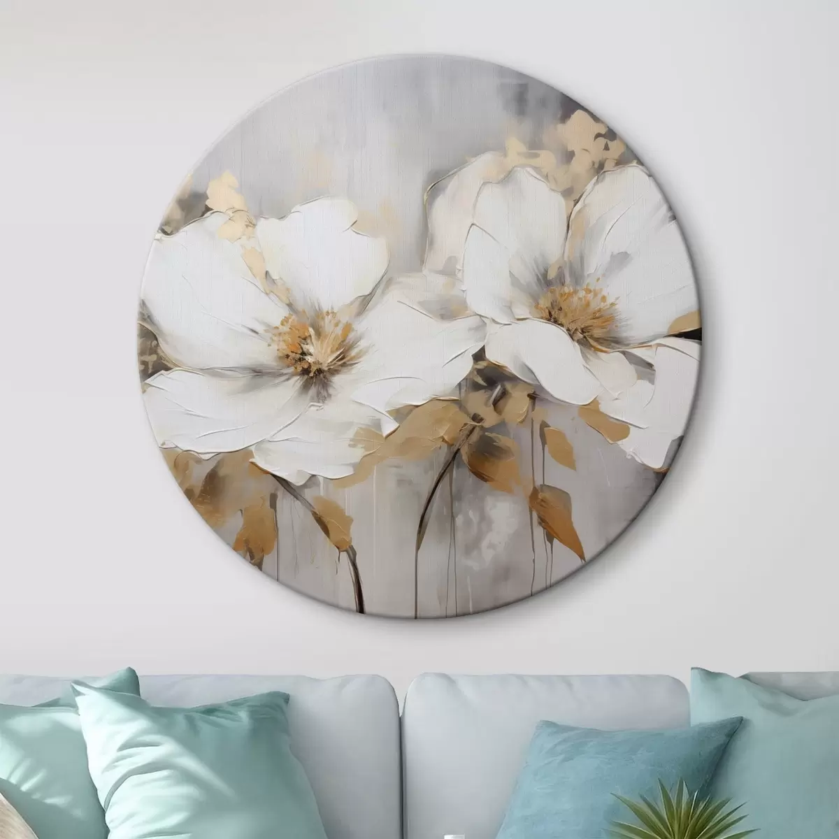 Quadri rotondi Fiori bianchi con foglie gialle su sfondo bianco, imitazione di pennellate spesse, stile moderno strutturato r43389
