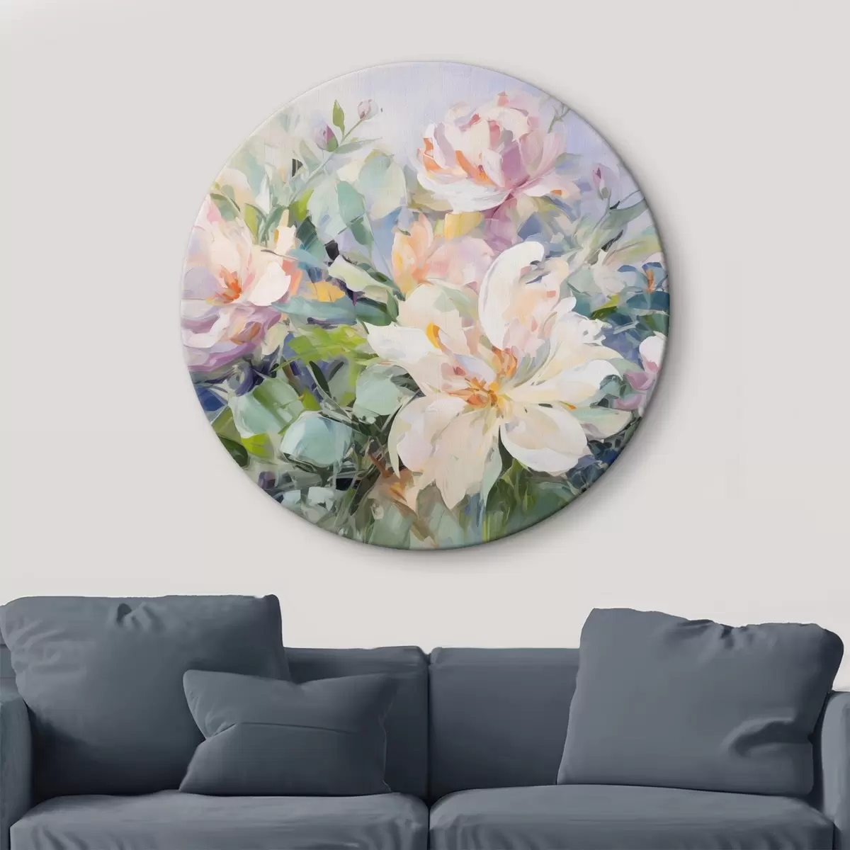 Quadri rotondi Composizione floreale con fiori color pastello e foglie blu, imitazione di pittura ad olio r43390