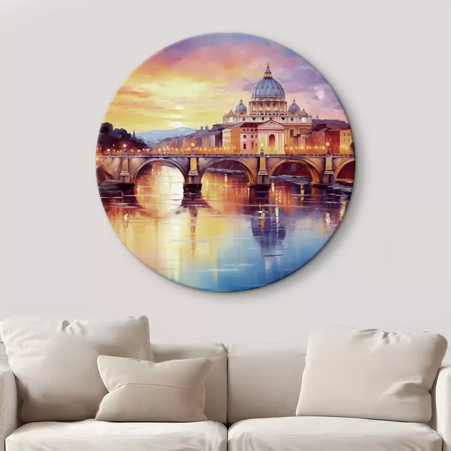 carta da parati Basilica di San Pietro e ponte sul fiume al tramonto, colori caldi, riflesso nell'acqua, stile pittura ad olio nr. r43396
