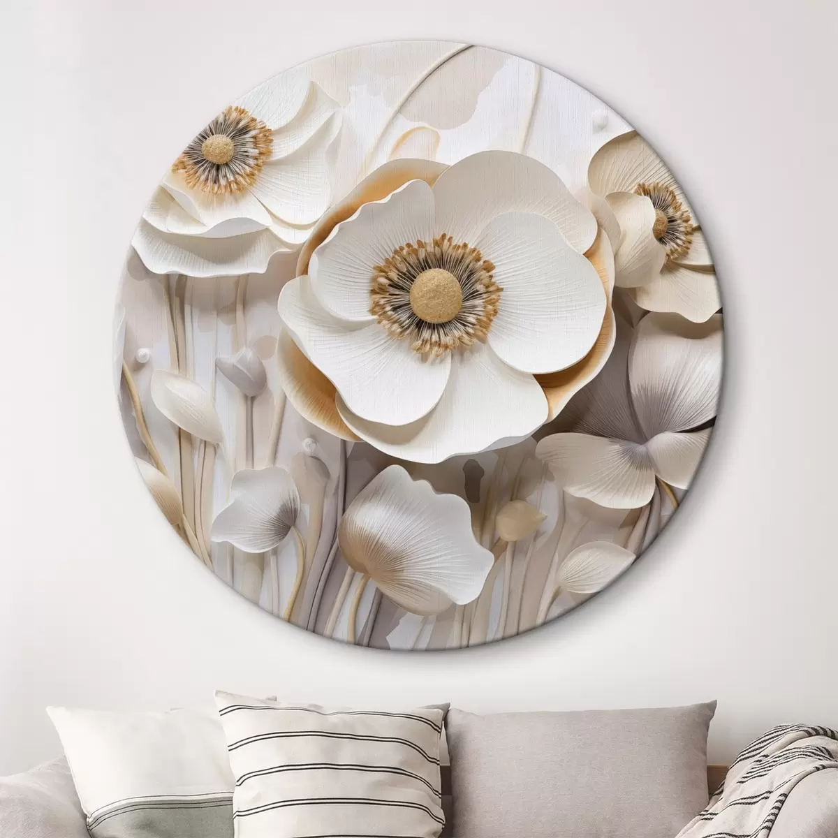 Quadri rotondi Fiori di anemone bianchi con centri gialli, con sfondo minimalista, che creano un delicato disegno floreale r43400