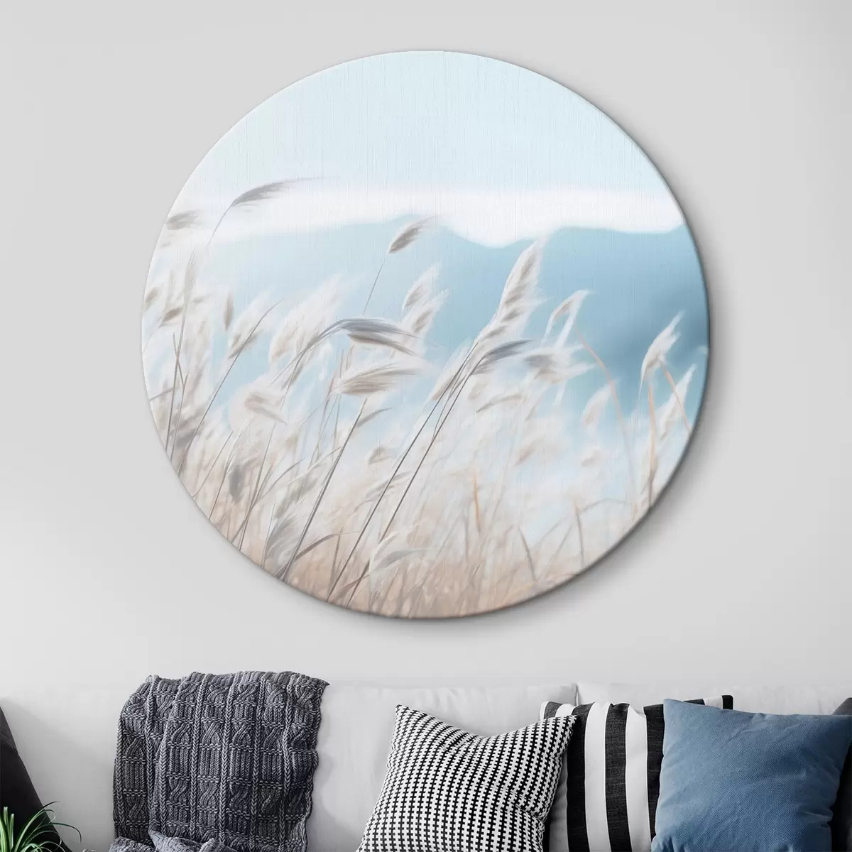 Quadri rotondi Erba, campo di pampa con una montagna blu sullo sfondo, cielo azzurro, minimalista, colori pastello r43404