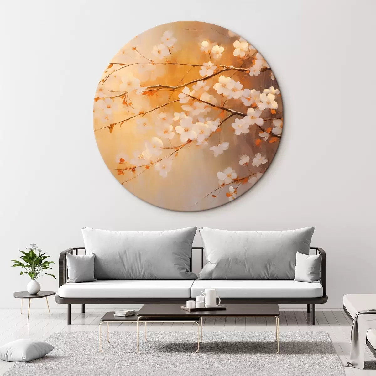Quadri rotondi Rami di ciliegio in fiore con fiori arancioni, tavolozza di colori caldi, su uno sfondo sfocato di tonalità gialle r43407