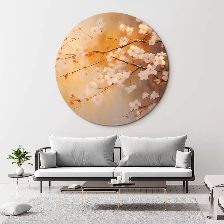 carta da parati Rami di ciliegio in fiore con fiori arancioni, tavolozza di colori caldi, su uno sfondo sfocato di tonalità gialle nr. r43407