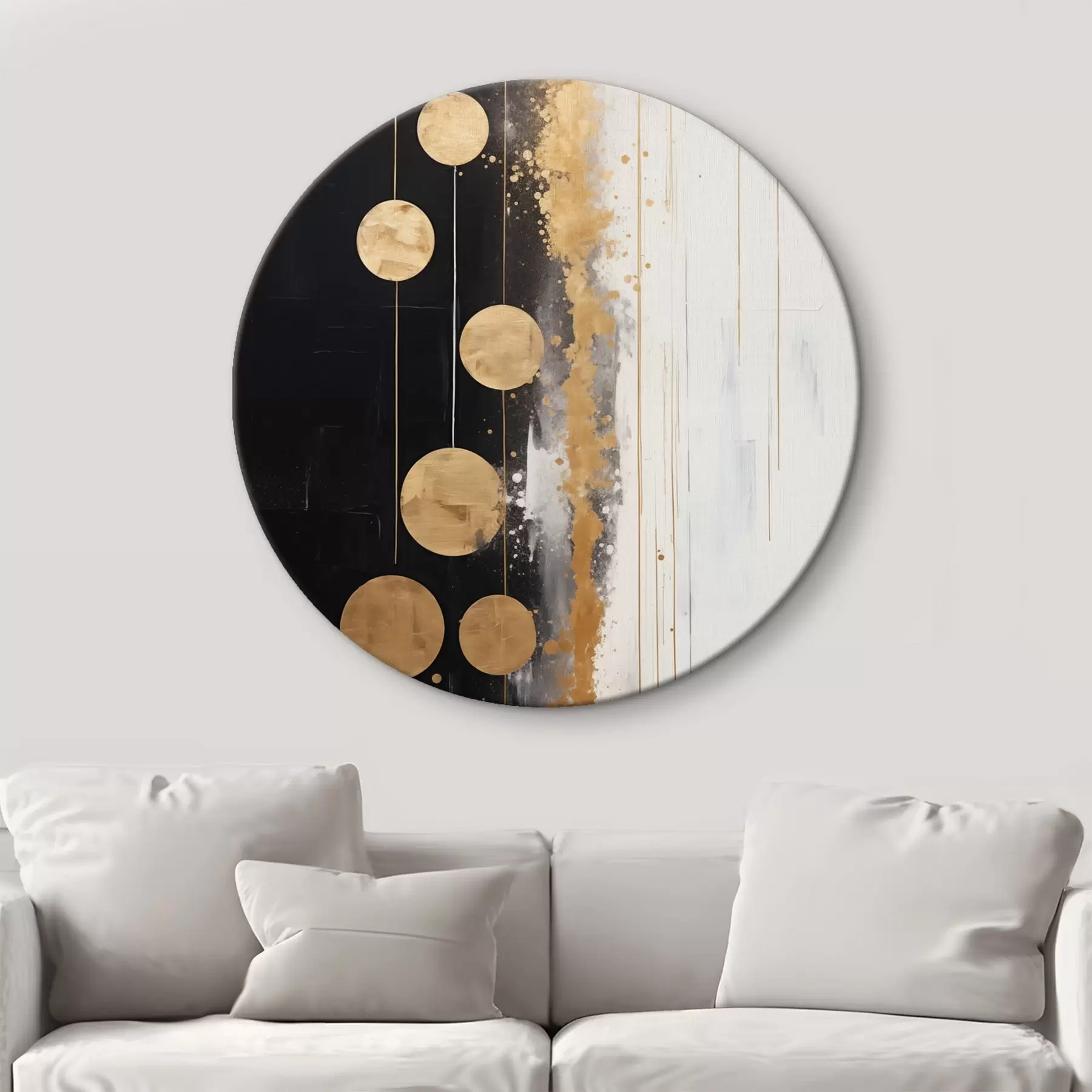 carta da parati Arte astratta con cerchi gialli appesi su sfondo bianco e nero con macchie bianche e gialle nr. r43410