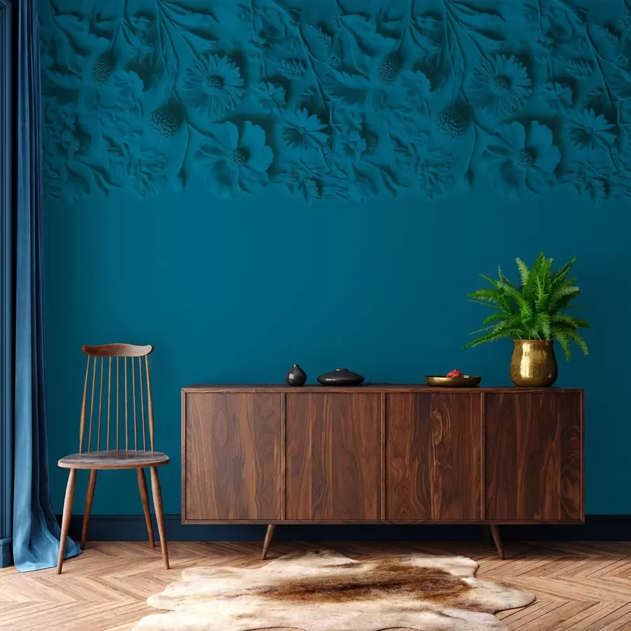 Carta da parati nature Imitazione di fiori in bassorilievo sulla parte superiore in colore blu-verde 