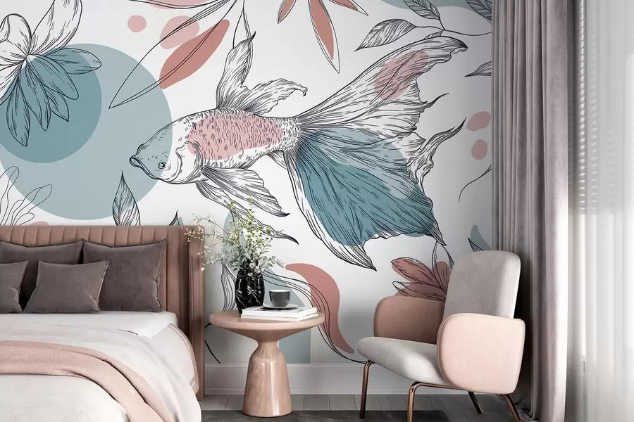 carta da parati Disegno lineare di pesce con fiori, minimalismo, marino, floreale, blu e rosa  nr. w03448v1