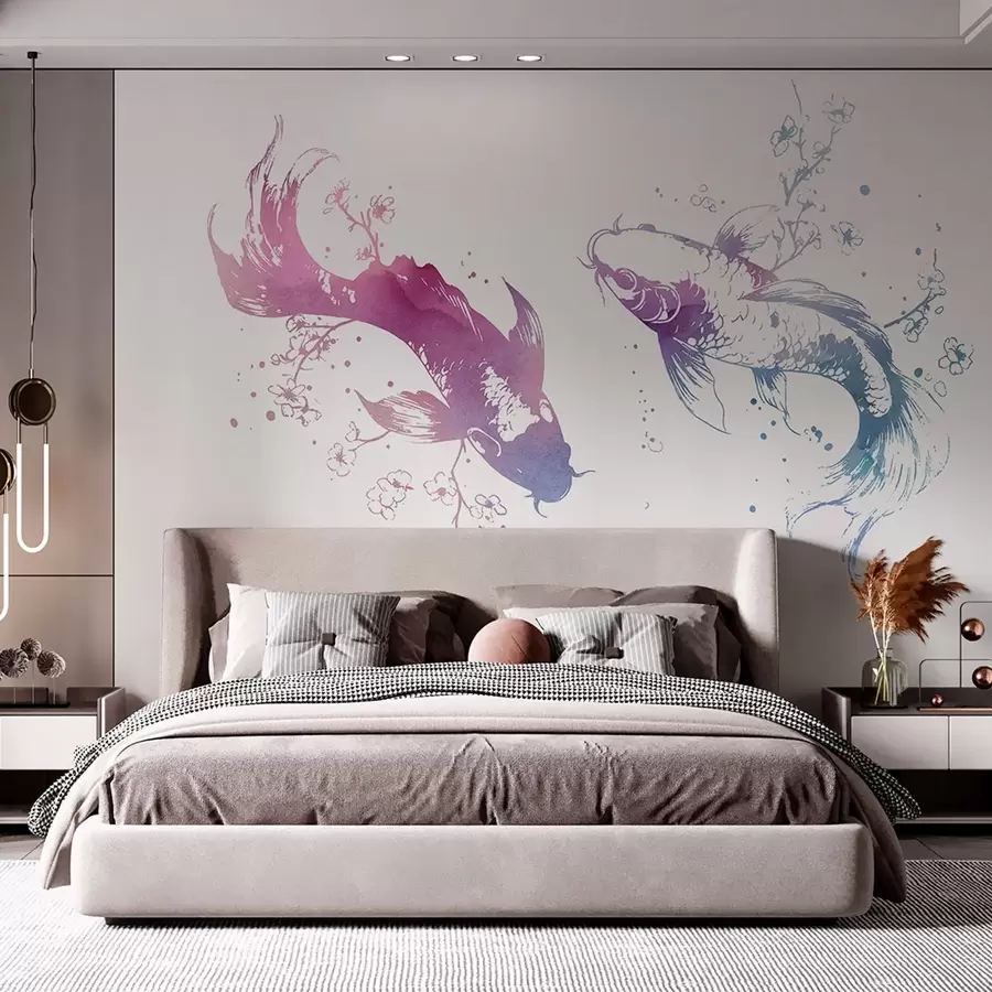 carta da parati Pesce acquerellato, stile orientale, albero di ciliegio, blu e viola nr. w03447