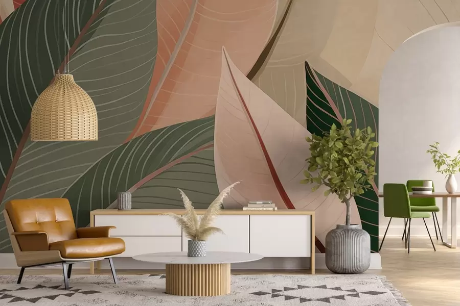 Carta da parati nature Primo piano di foglie nei colori verde oliva e rosa-crema 