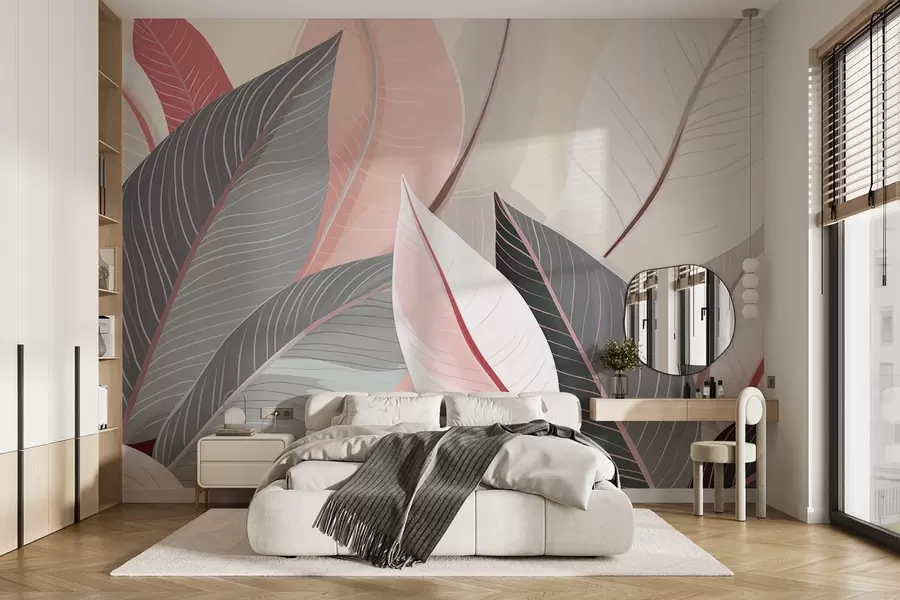 Carta da parati nature Primo piano di foglie nei toni del grigio e del rosa 