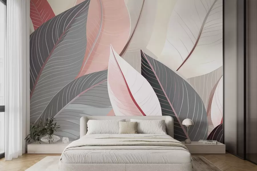 Carta da parati nature Primo piano di foglie nei toni del grigio e del rosa 