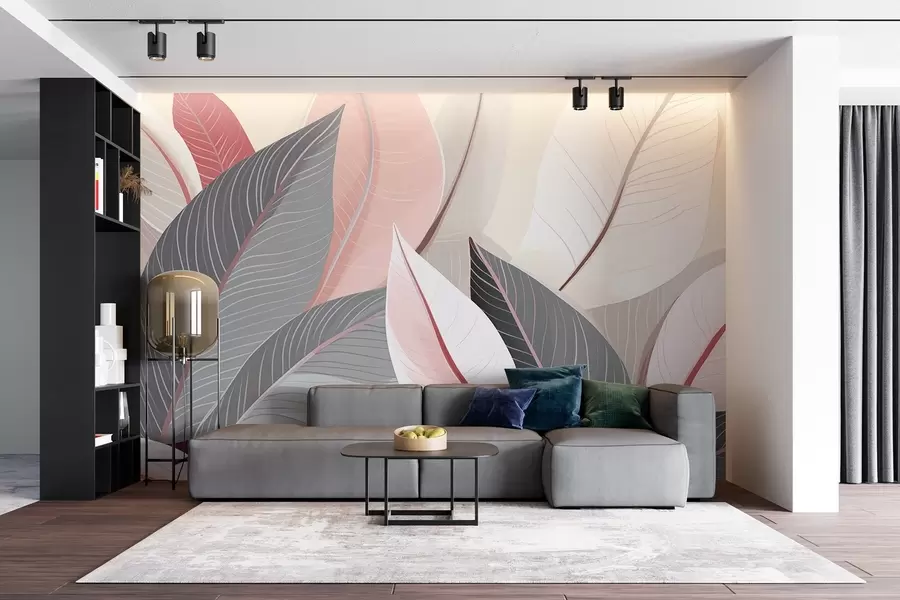 Carta da parati nature Primo piano di foglie nei toni del grigio e del rosa 