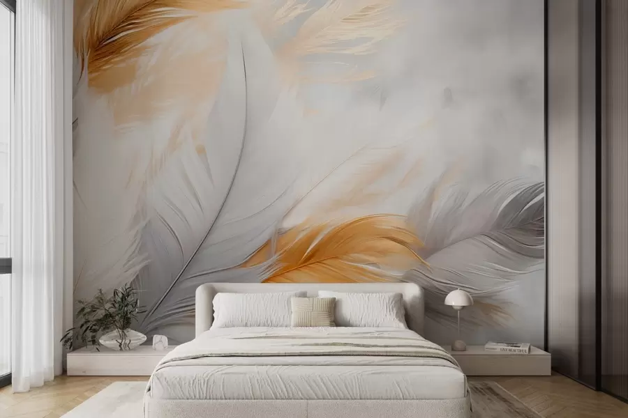 carta da parati Piume grigie e gialle su sfondo grigio nr. w08937