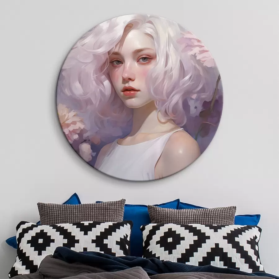 carta da parati Bella ragazza tra i fiori, disegno in stile acrilico, Giappone, colori viola nr. r43495