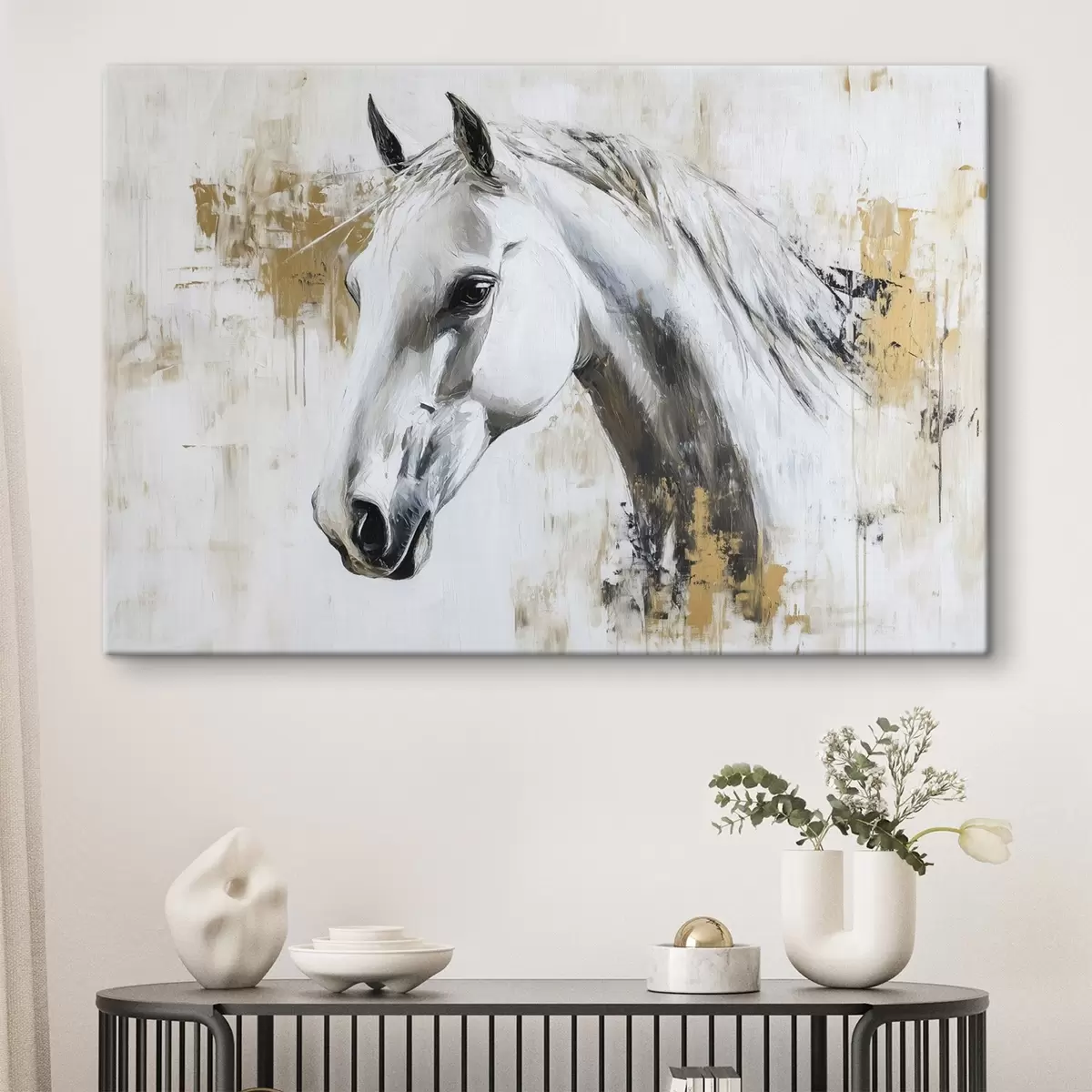 carta da parati Cavallo bianco, disegno ad olio, animali, pennellate vivaci nr. s43497