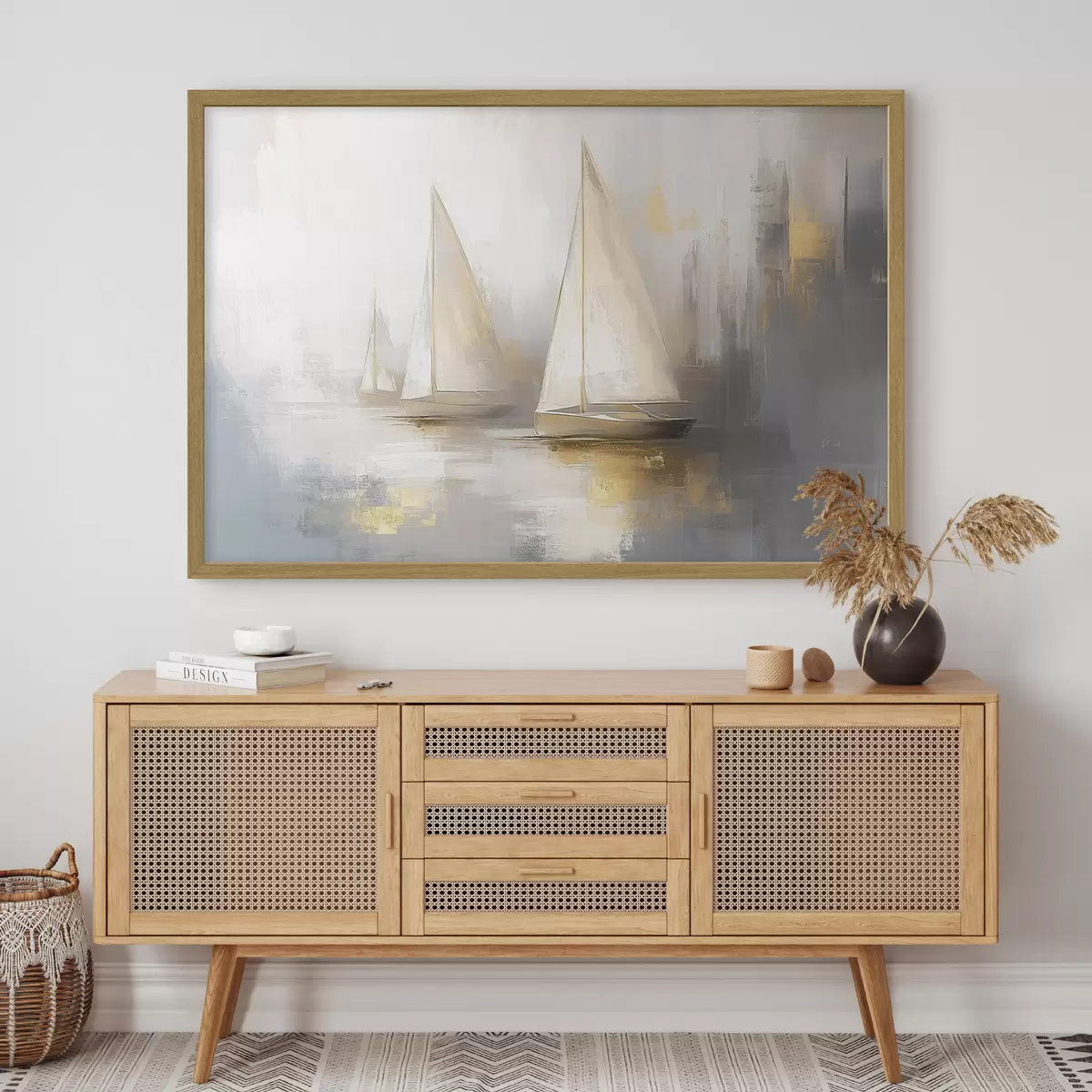 Poster Barche sul mare, astrazione, stile olio, colori beige f43505