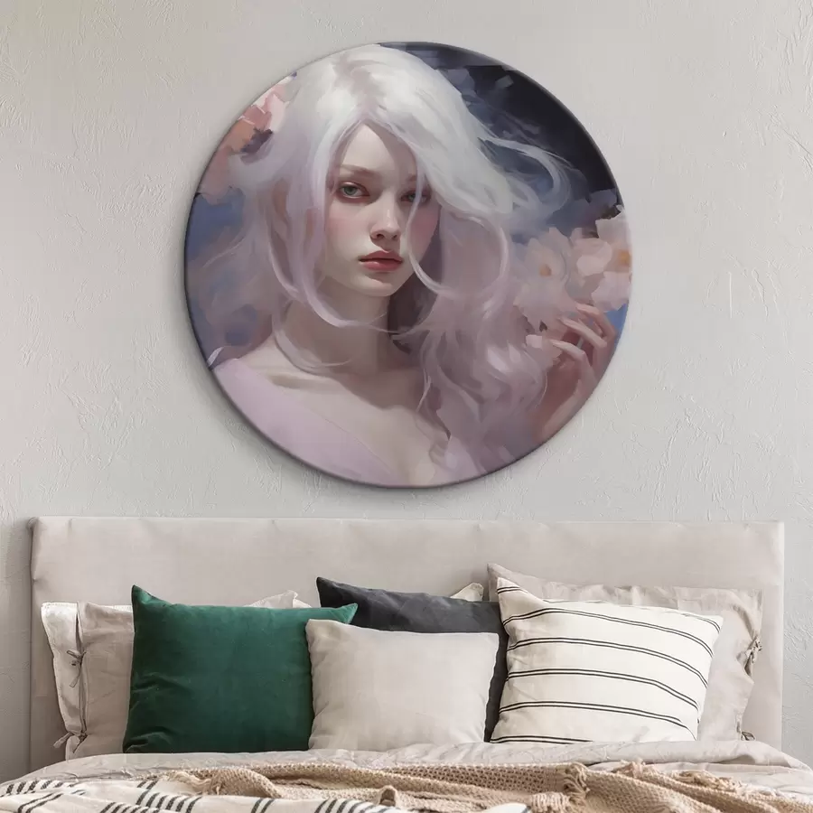 carta da parati Ragazza con peonie, disegno in stile acrilico, sfondo scuro nr. r43496