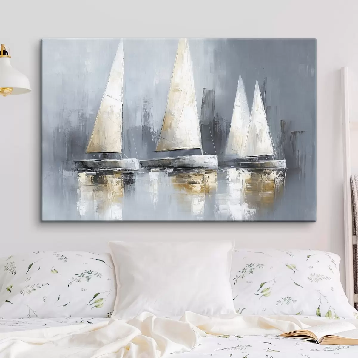 carta da parati Barche a vela con riflessi nell'acqua, disegno ad olio, colori grigi nr. s43506