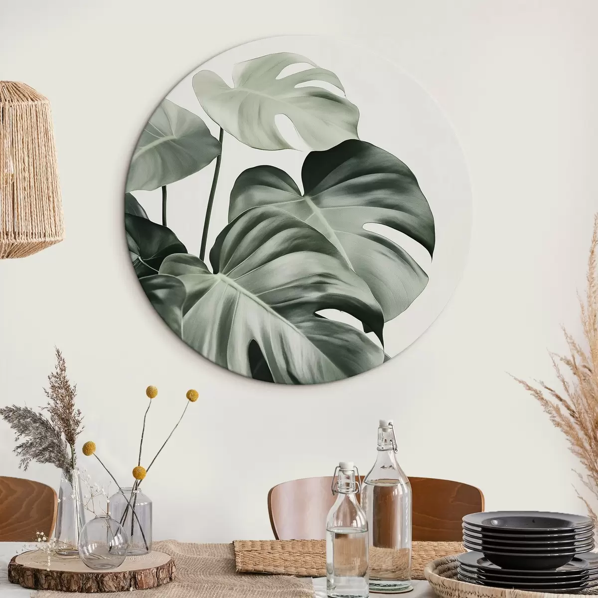 Quadri rotondi Foglie di palma tropicale, floreale, realismo, monstera r43508