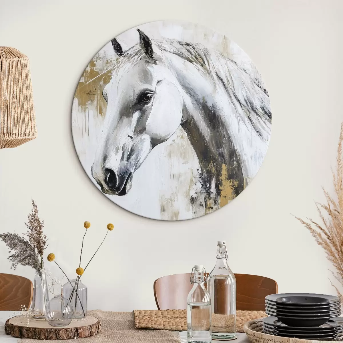 Quadri rotondi Cavallo bianco, disegno ad olio, animali, pennellate vivaci r43497