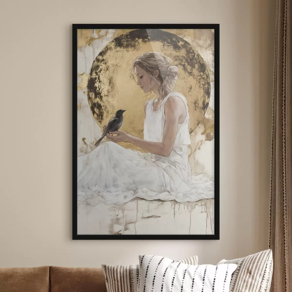 Poster Bella donna con uccello, Grecia, disegno in stile acrilico f43503