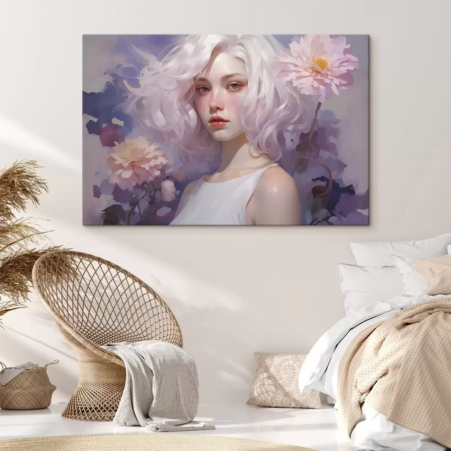 carta da parati Bella ragazza tra i fiori, disegno in stile acrilico, Giappone, colori viola nr. s43495