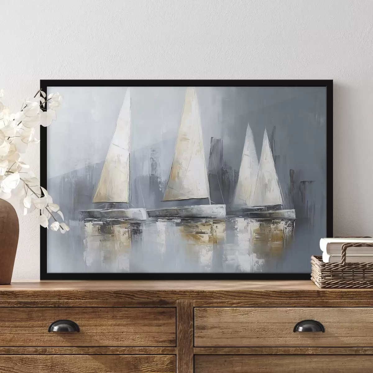 Poster Barche a vela con riflessi nell'acqua, disegno ad olio, colori grigi f43506