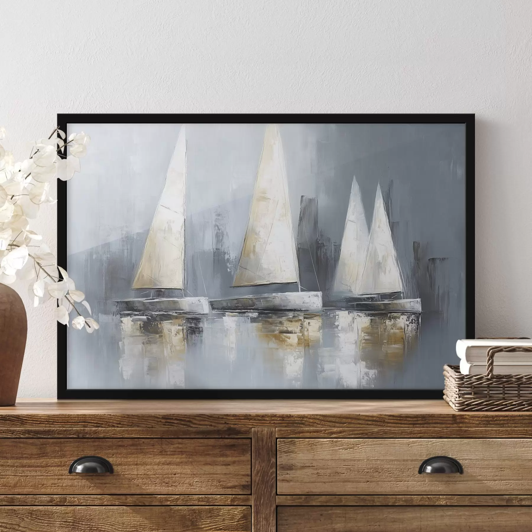carta da parati Barche a vela con riflessi nell'acqua, disegno ad olio, colori grigi nr. f43506