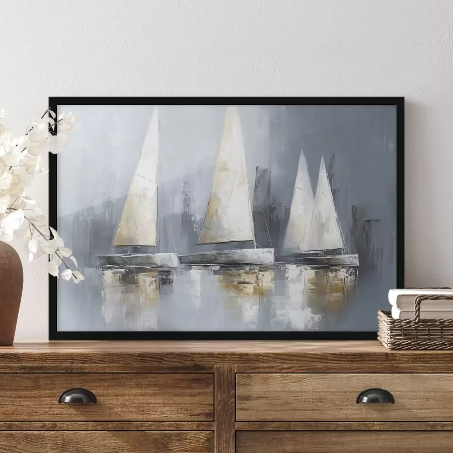 carta da parati Barche a vela con riflessi nell'acqua, disegno ad olio, colori grigi nr. f43506