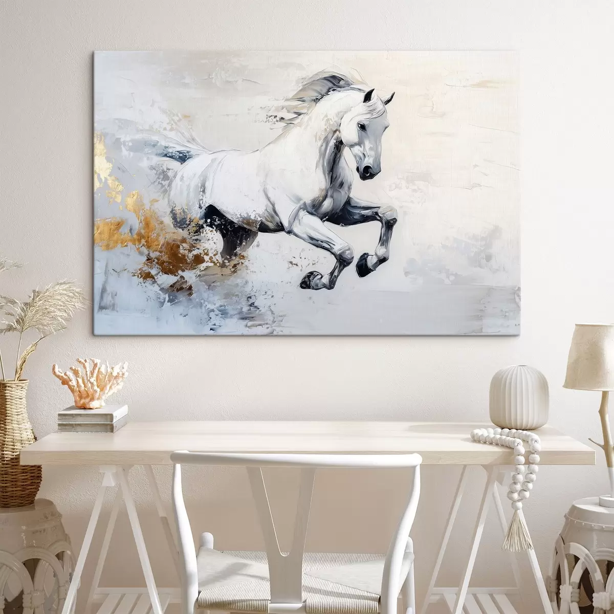 carta da parati Cavallo bianco in corsa, disegno ad olio, animali nr. s43498