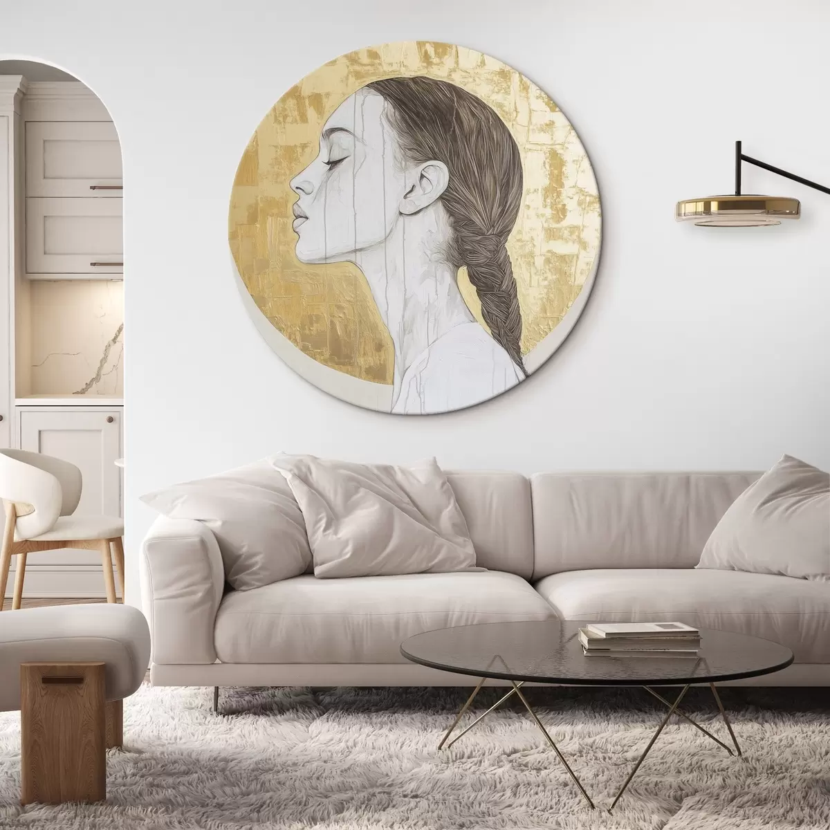 Quadri rotondi Ritratto di donna, minimalismo, stile acrilico, colori beige r43504