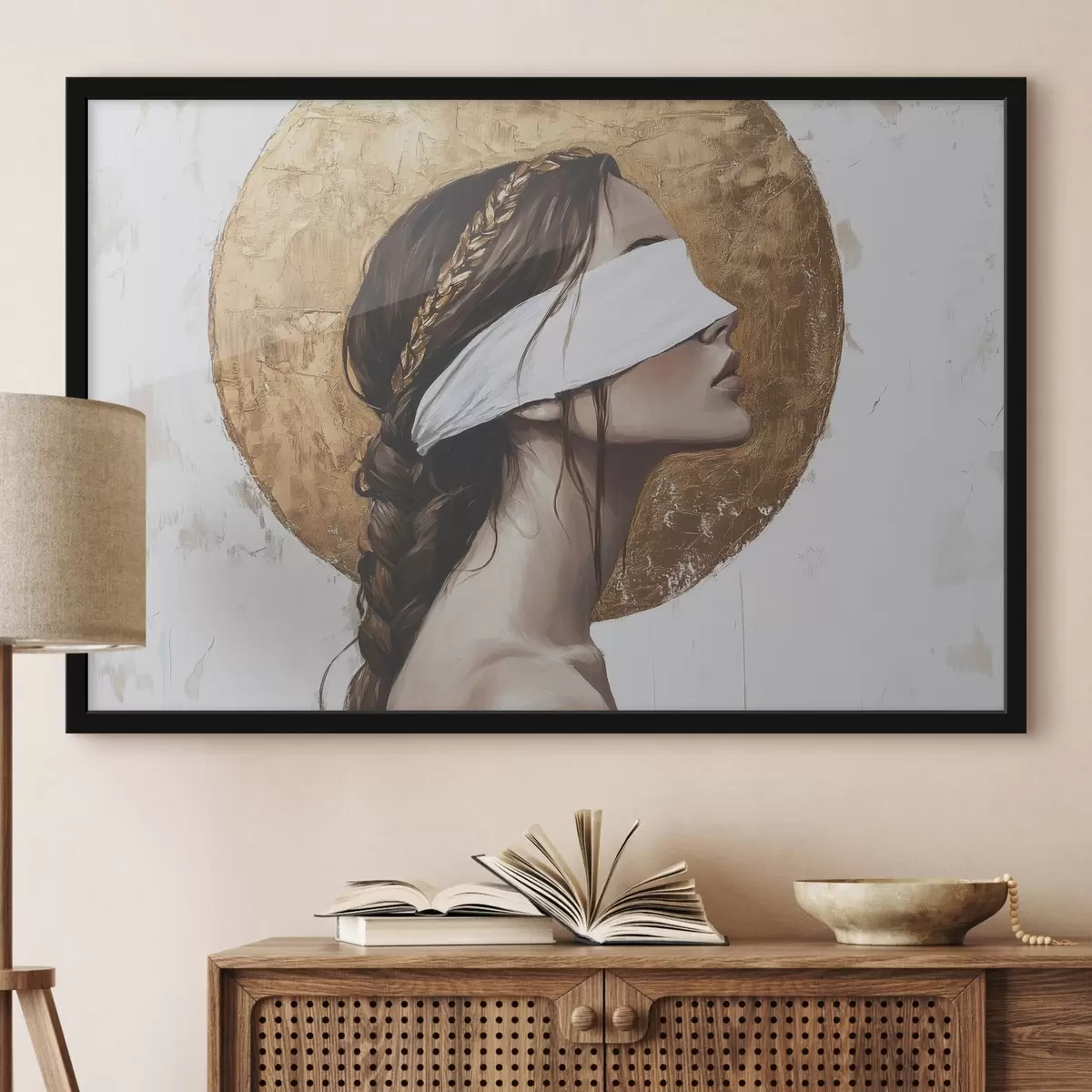 Poster Donna con benda sugli occhi, Grecia, disegno in stile acrilico f43502