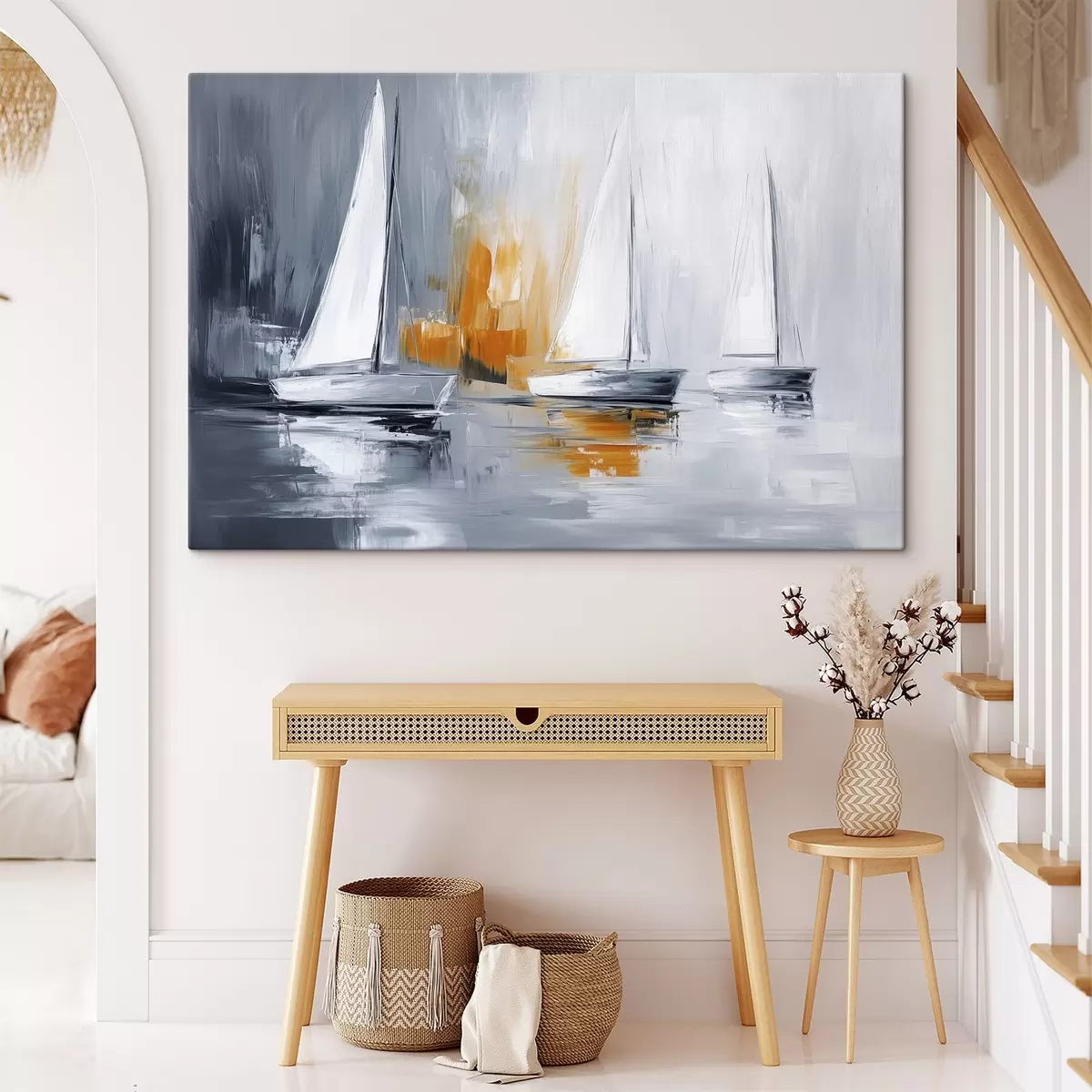 carta da parati Barche a vela, astrazione, disegno in stile acrilico, grigio e arancione nr. s43499