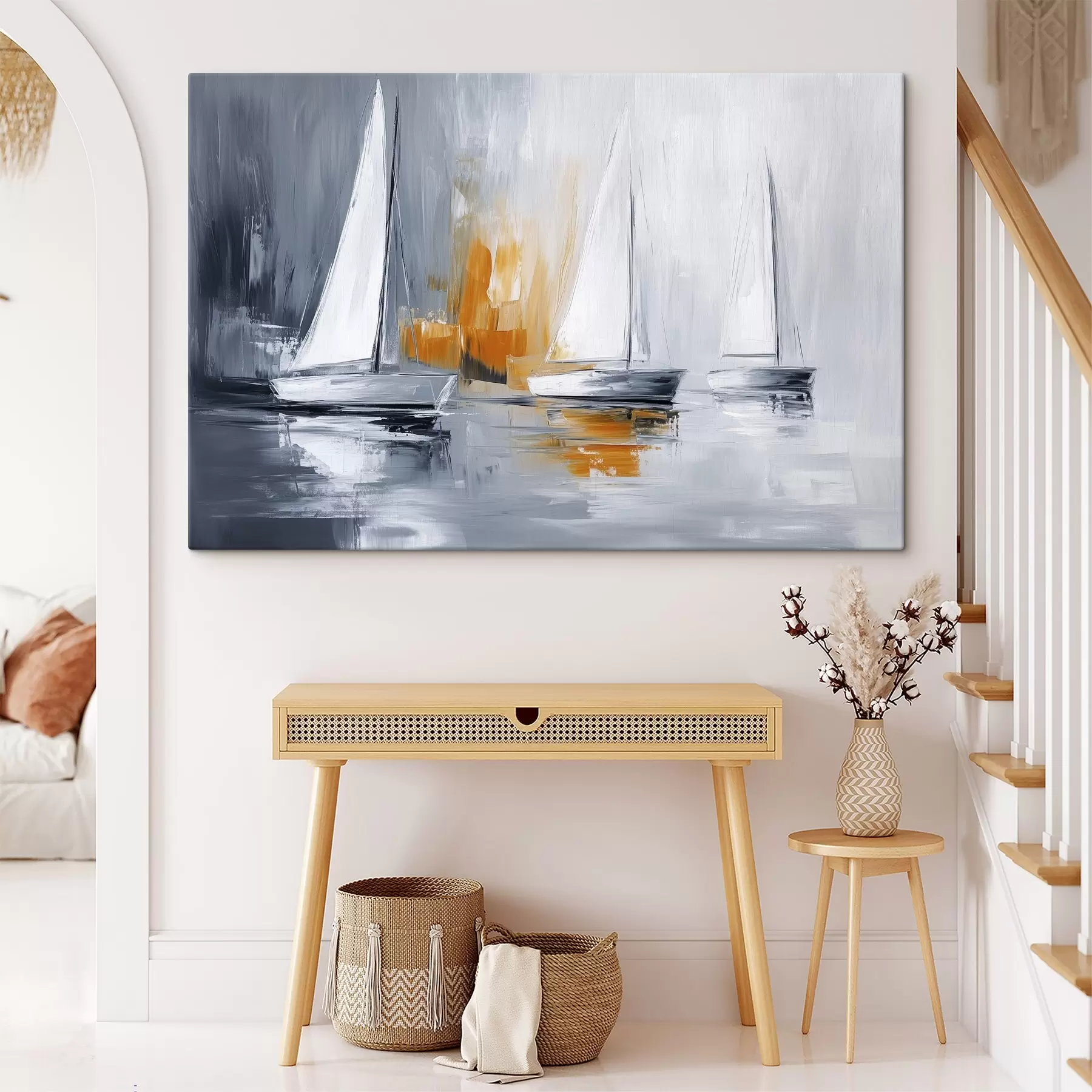 carta da parati Barche a vela, astrazione, disegno in stile acrilico, grigio e arancione nr. s43499