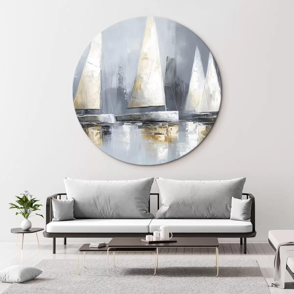 Quadri rotondi Barche a vela con riflessi nell'acqua, disegno ad olio, colori grigi r43506