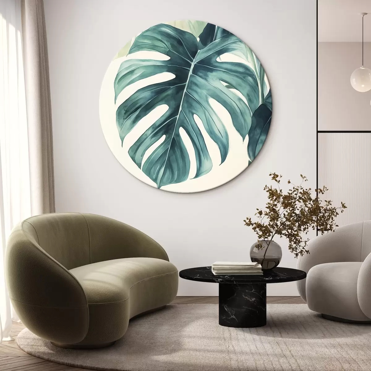 Quadri rotondi Foglie di palma Monstera, stile acquerello, floreale, tropicale r43507