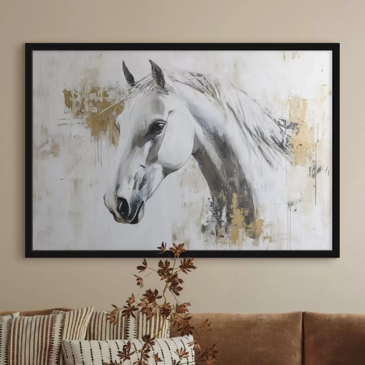 Poster Cavallo bianco, disegno ad olio, animali, pennellate vivaci f43497