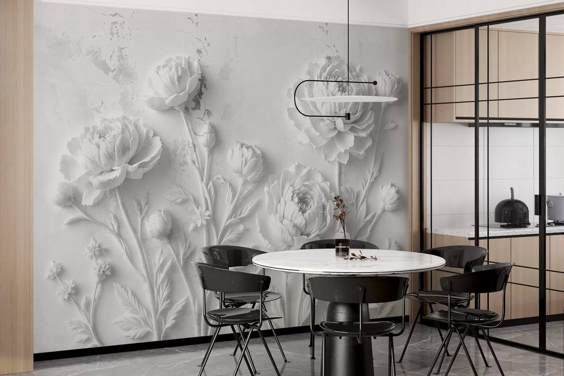 Carta da parati 3D Fiori su sfondo di cemento stile grunge 