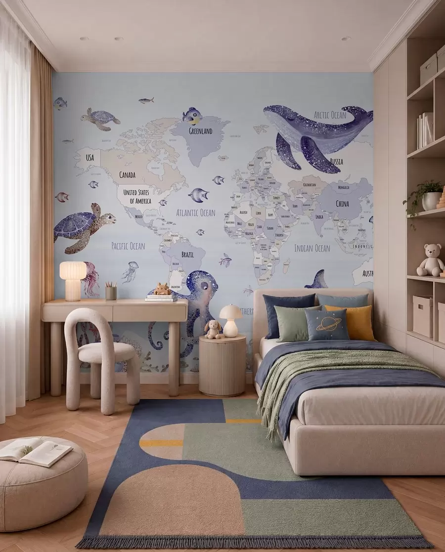 Carta da parati per Bambini Mondo sommerso con mappa del mondo 