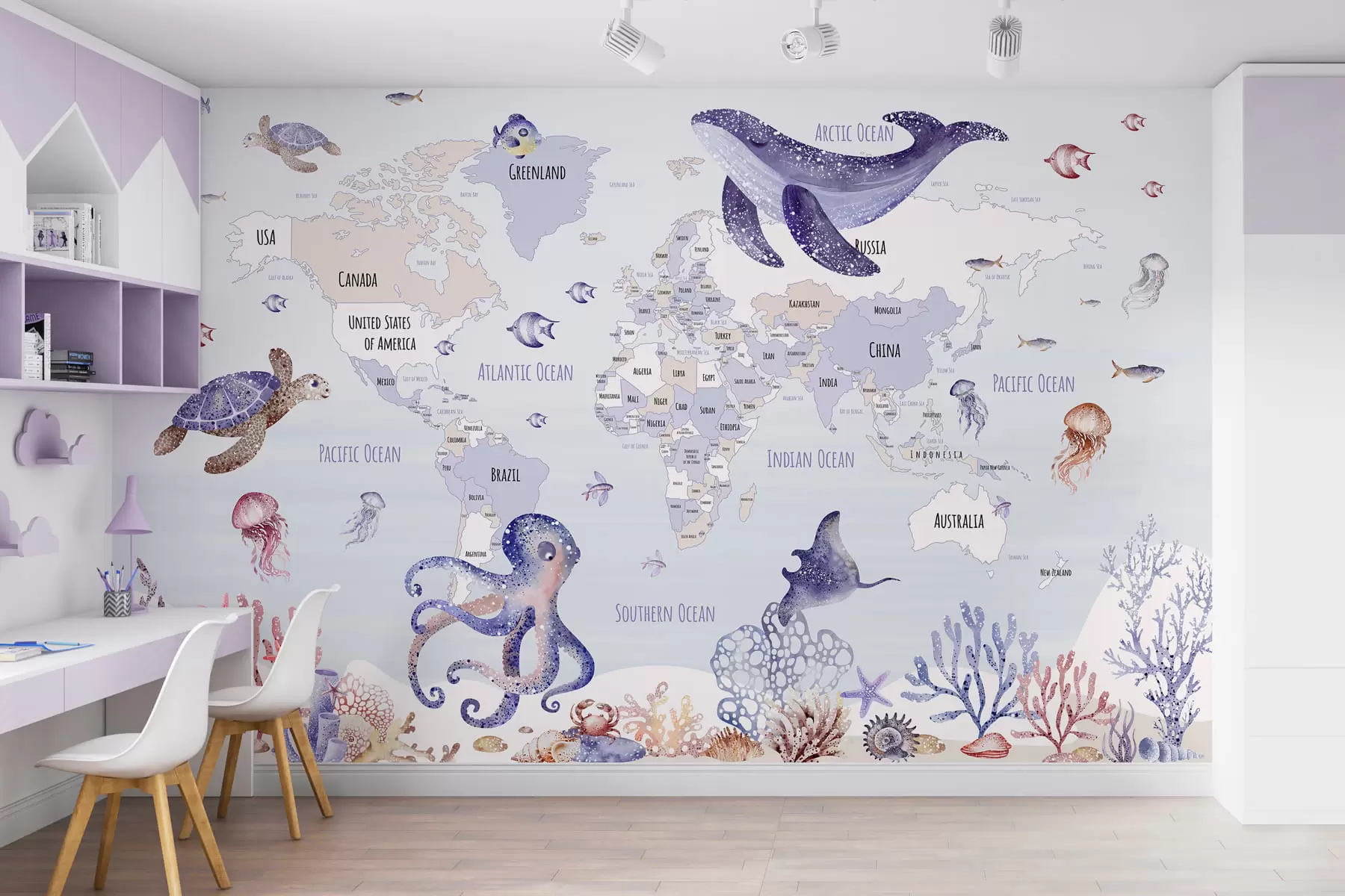 Carta da parati per Bambini Mondo sommerso con mappa del mondo 