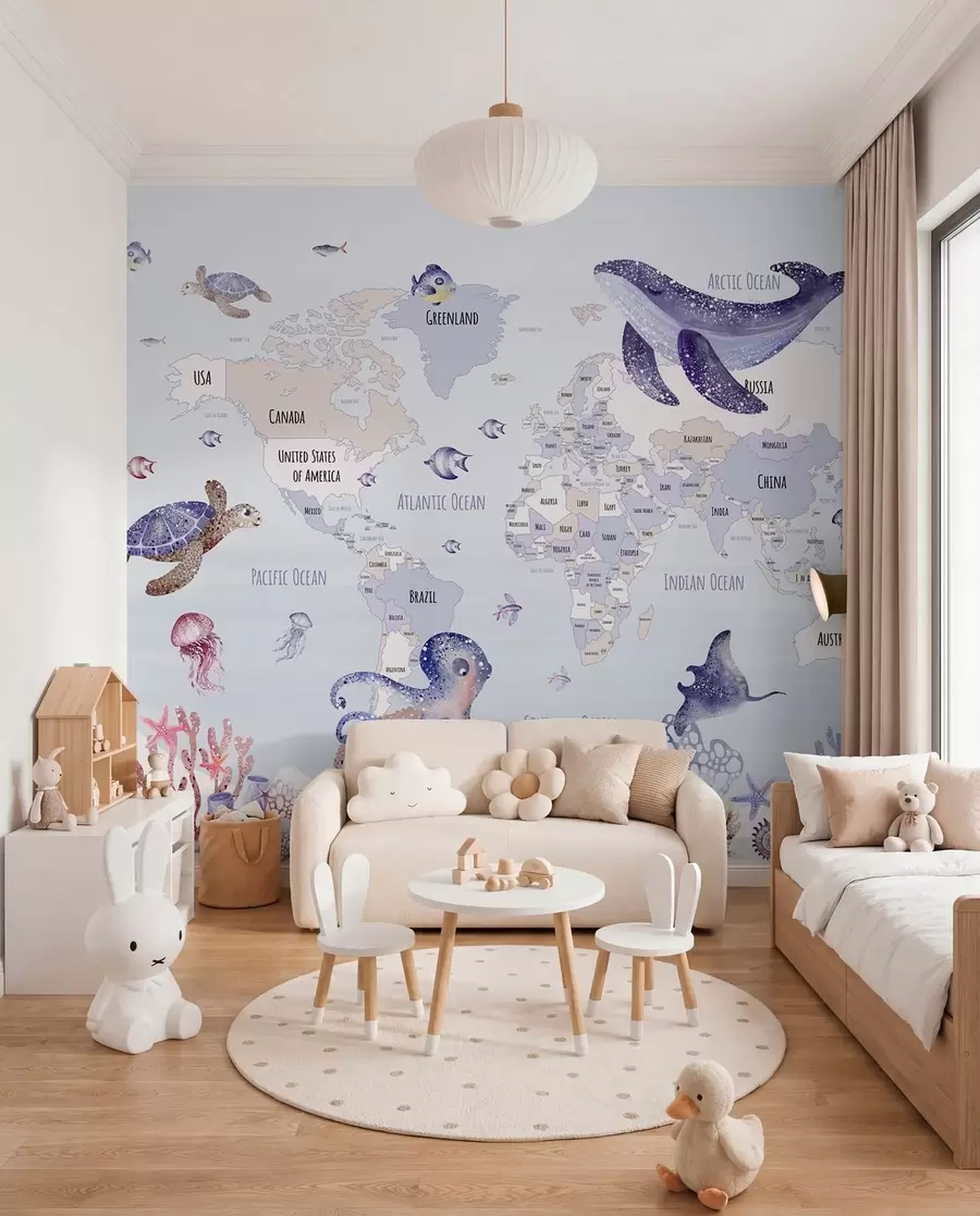 Carta da parati per Bambini Mondo sommerso con mappa del mondo 