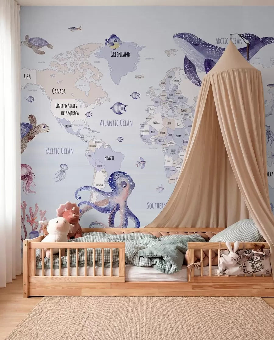 Carta da parati per Bambini Mondo sommerso con mappa del mondo 