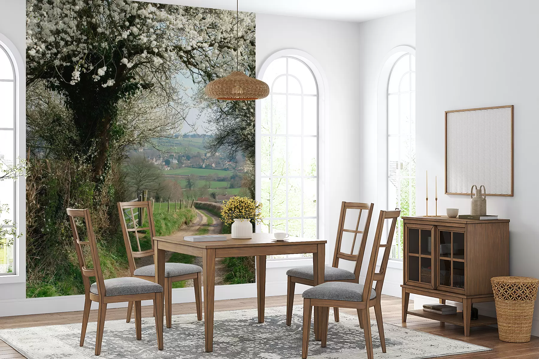 Carta da parati Floreale Strada del villaggio, albero in fiore n. u55071