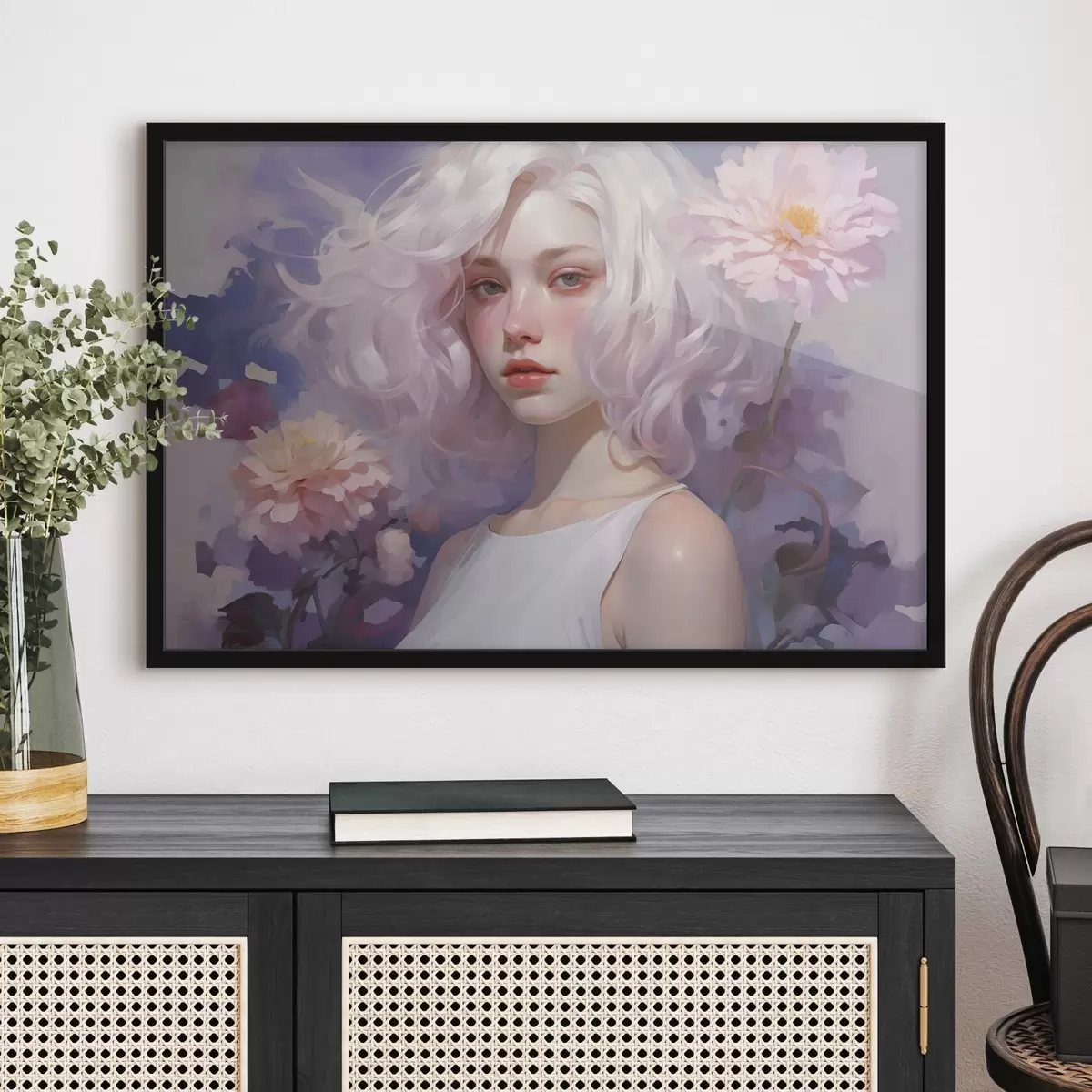 Poster Bella ragazza tra i fiori, disegno in stile acrilico, Giappone, colori viola f43495