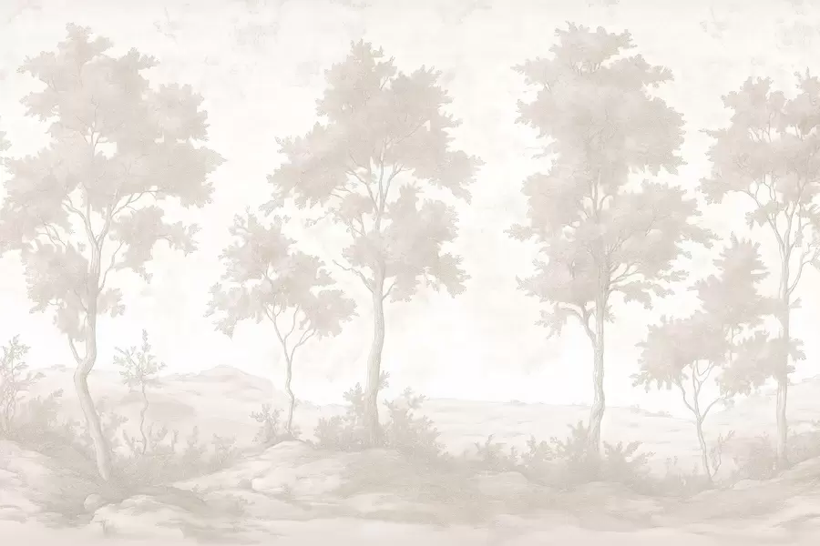 Carta da parati nature Alberi sulla collina, disegno in stile pastello, colori beige, rustico 