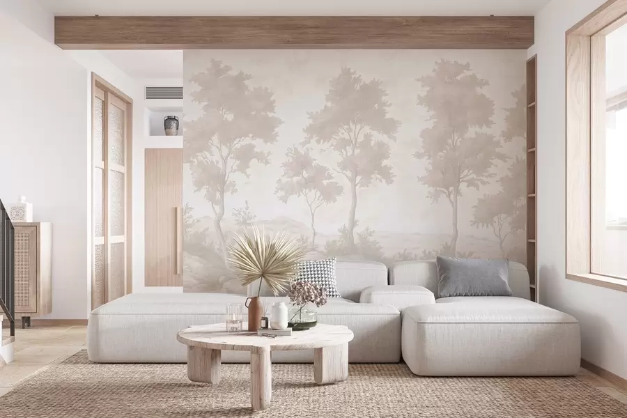 Carta da parati nature Alberi sulla collina, disegno in stile pastello, colori beige, rustico 