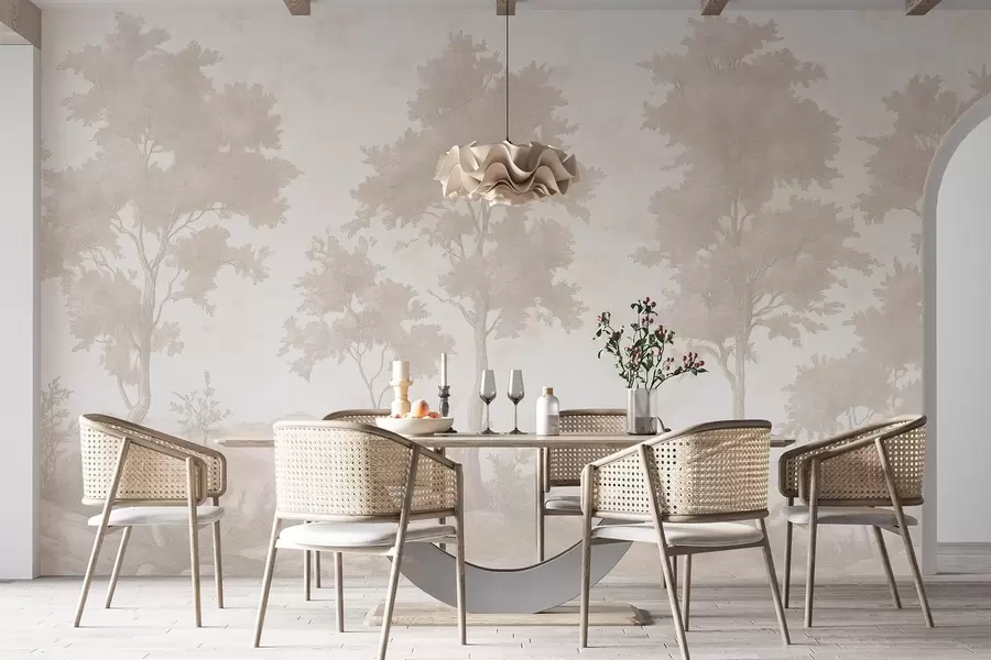 Carta da parati nature Alberi sulla collina, disegno in stile pastello, colori beige, rustico 