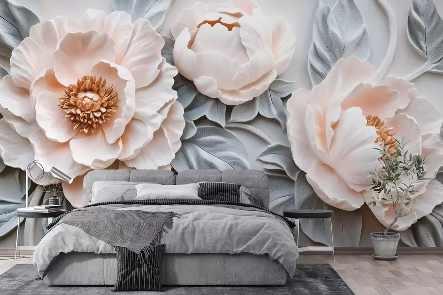 Carta da parati 3D Fiori Magnifiche grandi peonie con foglie in stile affresco n. w08954