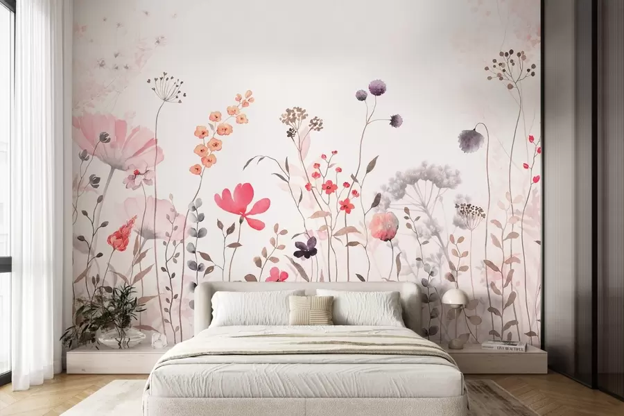 Carta da parati Floreale Fiori di campo in stile acquerello con papaveri, crisantemi, denti di leone ed erba n. w08956