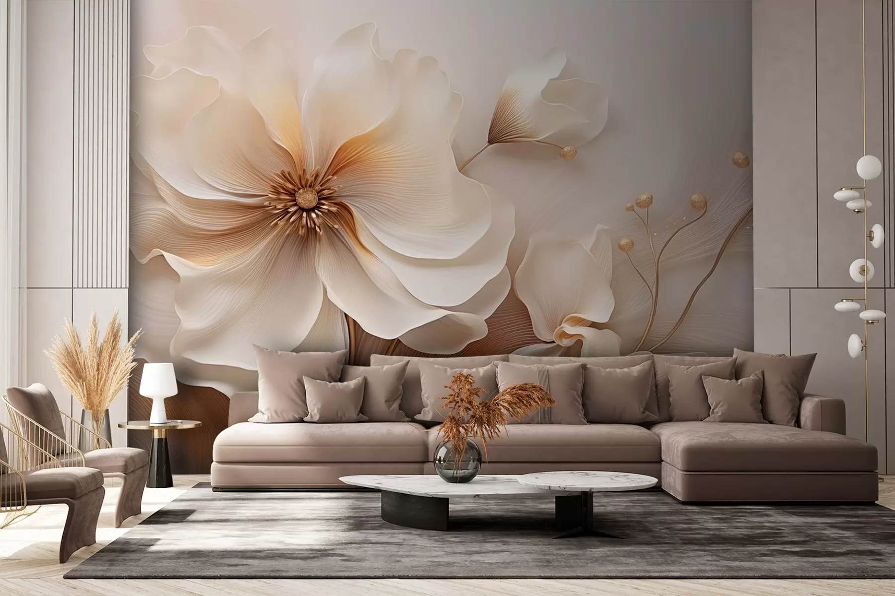 Carta da parati che aumenta lo spazio Erbe selvatiche beige e marrone chiaro con fiori nei toni del beige