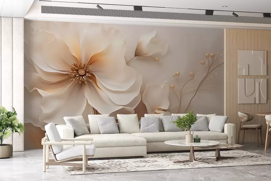 Carta da parati che aumenta lo spazio Erbe selvatiche beige e marrone chiaro con fiori nei toni del beige